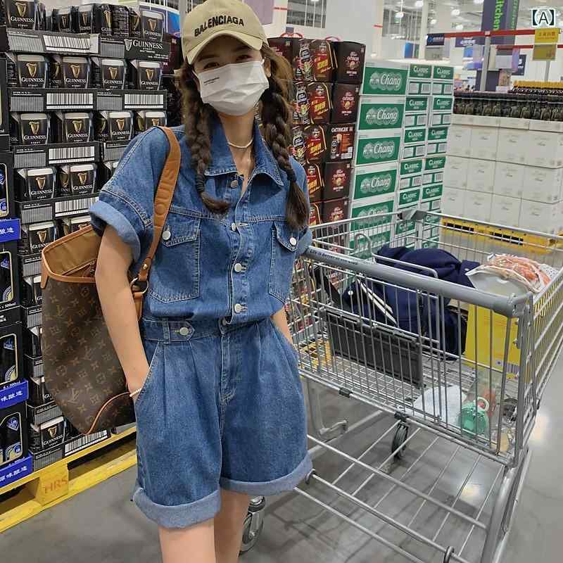 ジャンプスーツレディース 女性用 デニム ジャンプスーツ 高級 ショート パンツ ウエスト スリム スーツ オーバー オール 夏服