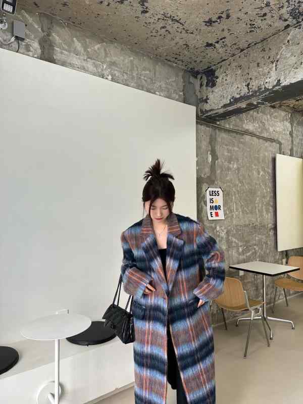 チェック柄ウールコートレディース 秋冬 レトロ ブルー ブラウン ロング ヘア チェック 柄 コート レディース ミディアム 丈 高級 ウール｜LAONsChoice