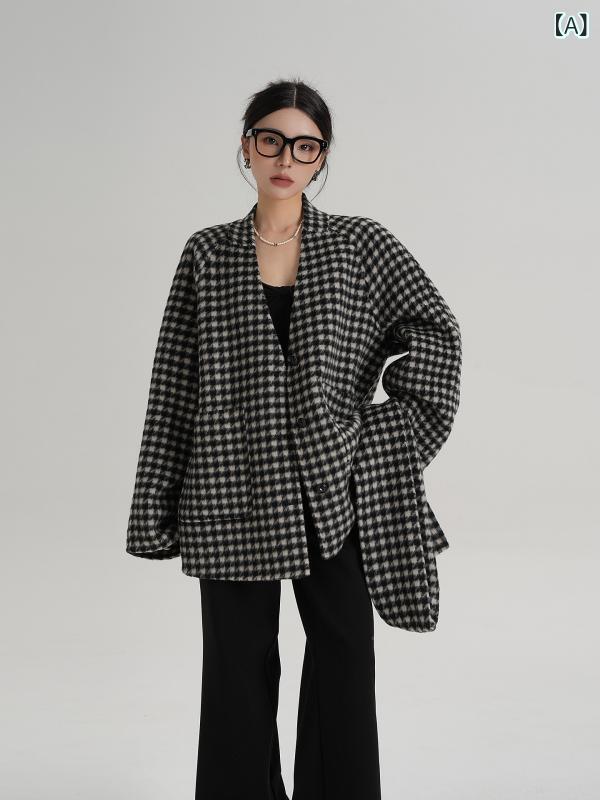 チェック柄ウールコートレディース SRYS AME チェック 柄 スカーフ カラー ウール コート 両面 生地 秋冬 レディース 服