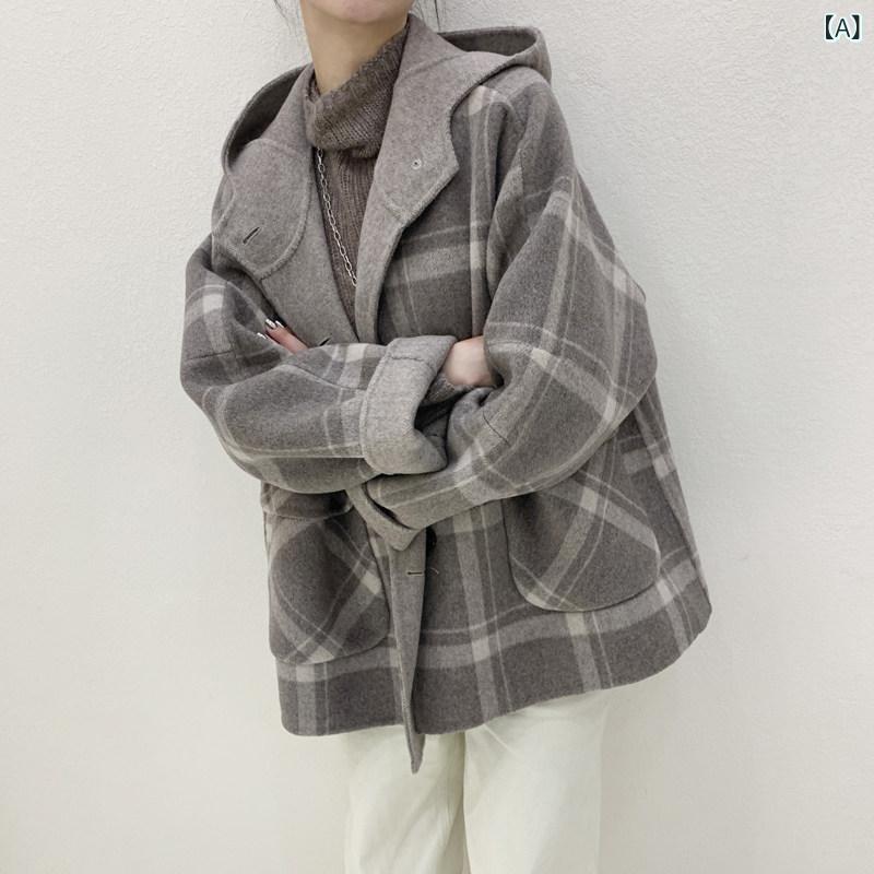 チェック柄ウールコートレディース 女性用 ダブルフェイス コート 高級 スタイル 韓国 大きいサイズ 小さい サイズ チェック 柄 フード付き ウール｜LAONsChoice