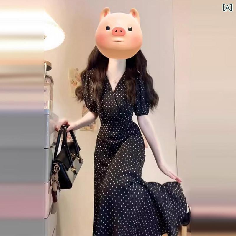 おしゃれなドット柄サスペンダー とても 美しい 黒の ドットの ドレスの レディース 夏 2025 小さい フランスの の Vネック ロング ドレス