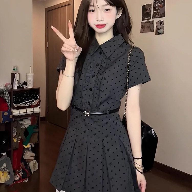 おしゃれなドット柄サスペンダー 韓国 カレッジ フェイク ツーピース 水玉 ドレス レディース 春夏 レース パッチワーク ウエスト スリミング aライン ショート スカート