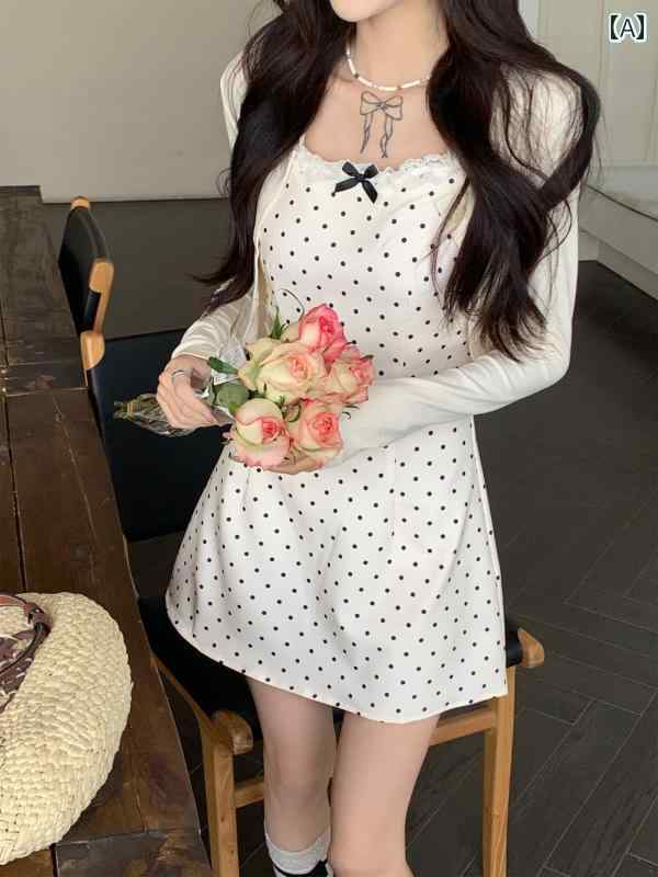 おしゃれなドット柄サスペンダー ホワイトドットの サスペンダー リボン ワンピース レディース 服 優しい 雰囲気 2025夏 プチ ロング スカート