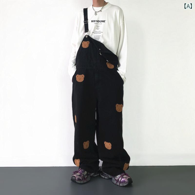 デニム オーバーオール メンズ DAXIN チャイナ 風 クマ 刺繍 オーバー オール メンズ レディース デニム クール ソルト ストレート ワイド レッグ ブラック ジャンプスーツ|LAONsChoice