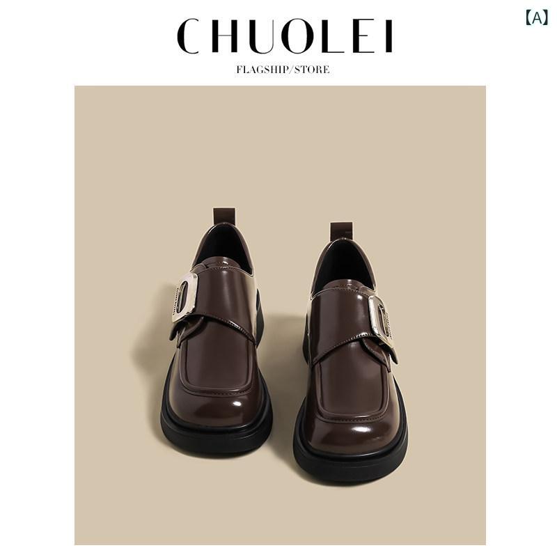 厚底ローファー レディース 女性用 革 ローファー 2024 春 ベルトバックル カレッジ ブラウン レトロ フラット 厚底 英国 風 スモール レザーシューズ