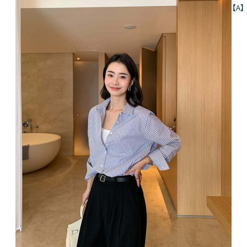 ストライプ シャツ レディース Maven Lin ブルー ストライプシャツ レディース 春 フレンチ ロングスリーブシャツ レイ ヤード トップ
