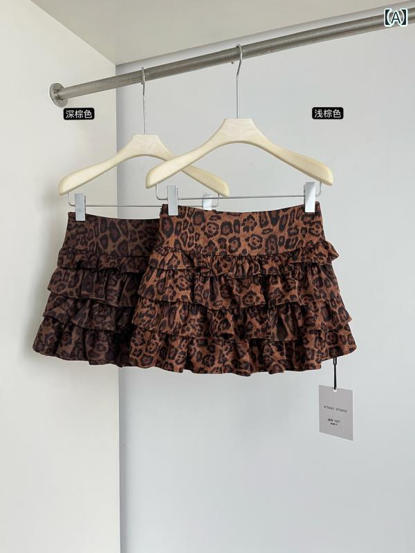 ハイウエストヒョウ柄スカート 古風 ホット ガールの ヒョウ 柄 ショート スカート スエード フリル 洋 ナシ シェイプ ヒップ カバー ふくらんだ ティアードスカート 秋