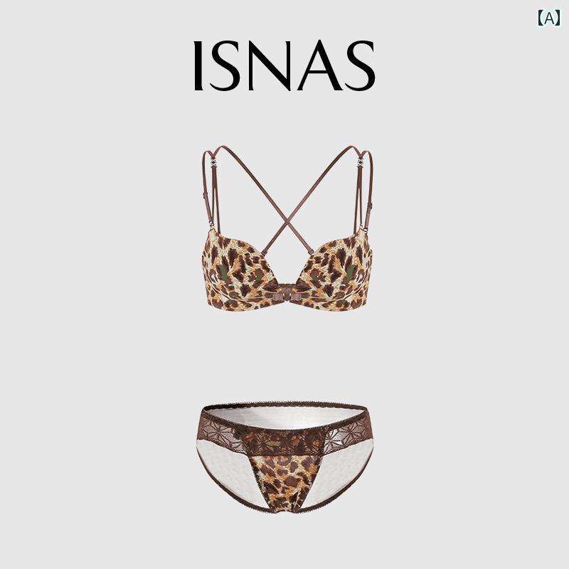 ヒョウ柄 下着 ランジェリー フランスの ISNAS セクシーランジェリー ヒョウ 柄 フロント バックル ランジェリー レディース 小 胸 ギャザー シームレス バック ブラ 2025夏
