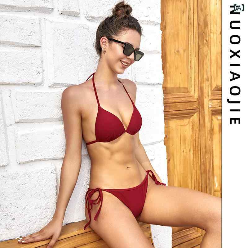 セクシー ビキニ 水着 ワイン レッドの ワイヤーなしのと アメリカ ビキニ 水着 レディース 魅惑的 3点の 小さい 胸の ギャザー ホルターネック ビーチ 温泉 衣装