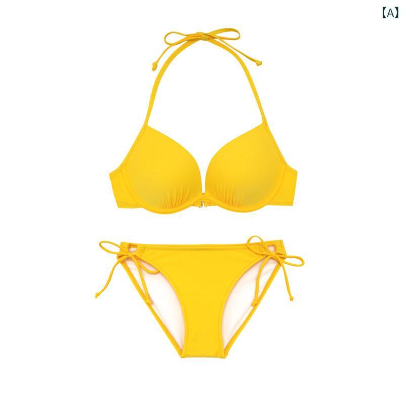 セクシー ビキニ 水着 イエロー ワイヤー小 胸 スーパー ギャザー ビキニ 水着 女性 魅惑的 3点 ホルターネック スプリット 温泉 7,109円