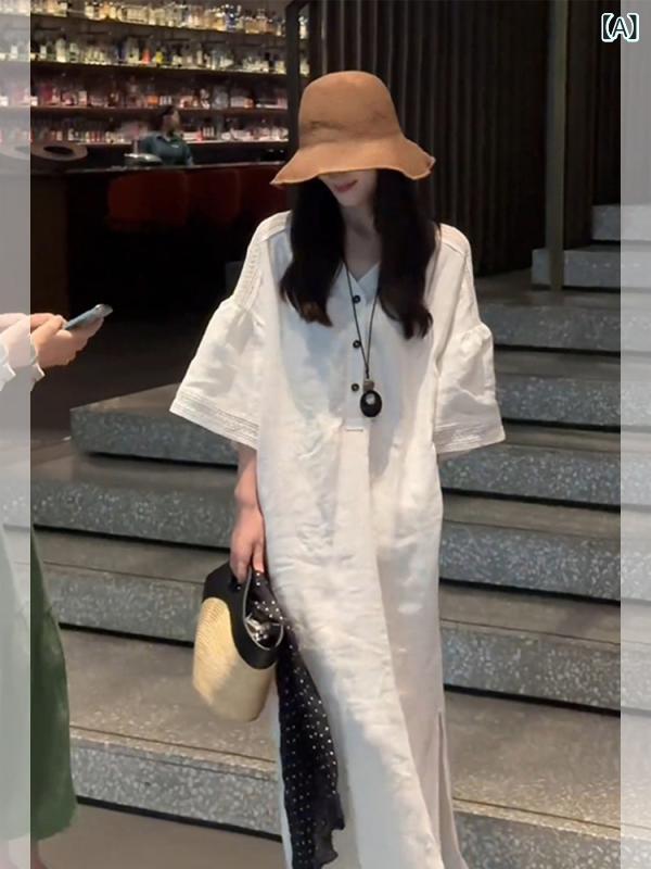 ストレートリネンスカート 三 亜の 海岸地帯の ひと休み フランス共和国の 真っ白い 綿 麻の 御召しもの レディース 夏の 磨り減らす 飛び切り ロング スコート