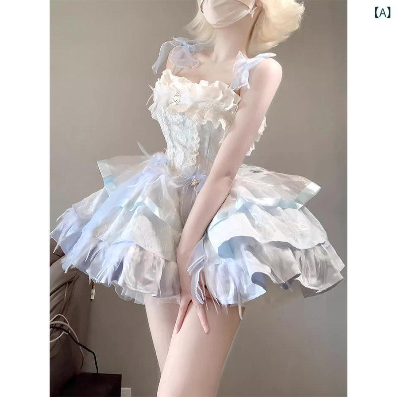 ロリータ メイド服 卒業 式の ドレス 青と 白の jsk バレエな エレガントな 小さい 羽の さわやか ロリータ