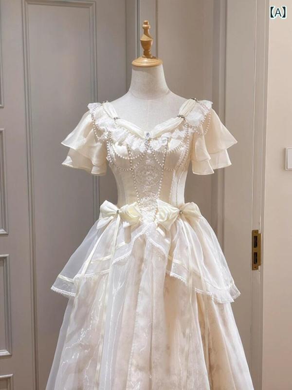 ロリータ メイド服 フランスの ロリータ 初恋 フェアリー ドレス ロング スカートロリータ 白い 半袖 レディース 夏