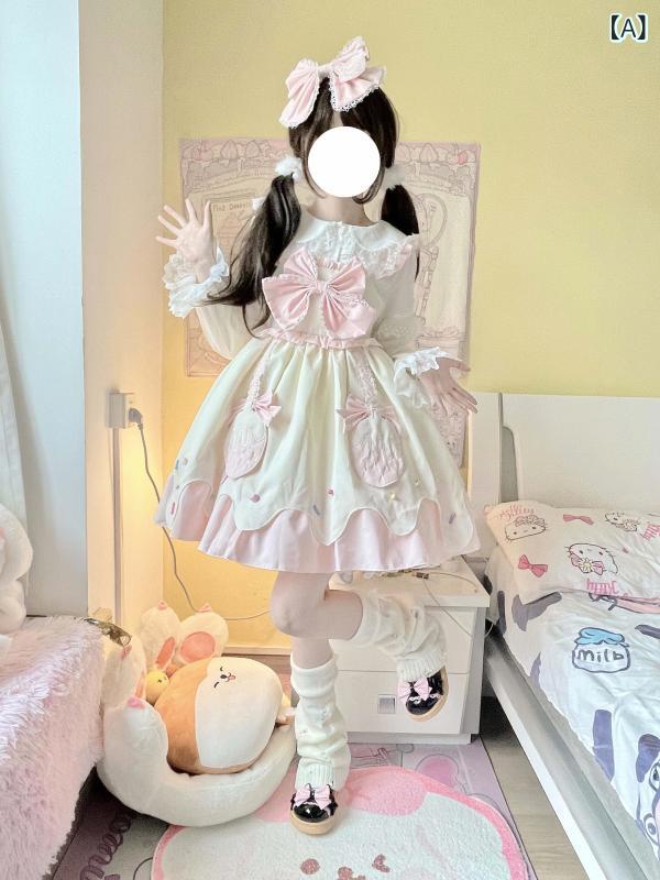 ロリータ メイド服 クリーム ストロベリー Chai Huhu キュート スイートロリータ スカート ロリータドレス ハイウエスト ジャケット｜LAONsChoice