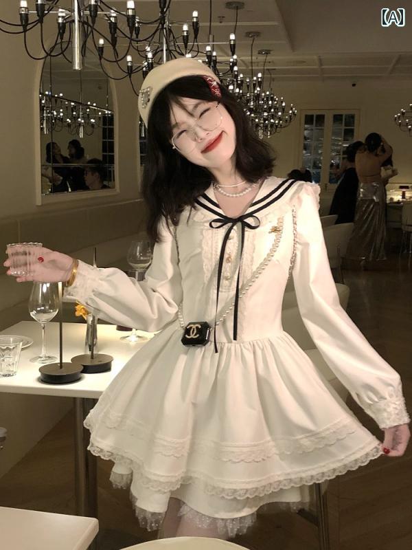ロリータ メイド服 ALITTLE Chaos なの 愛の 神 ネイビーカラー カレッジ スタイル 長袖 チュチュ デート プリンセス ドレス