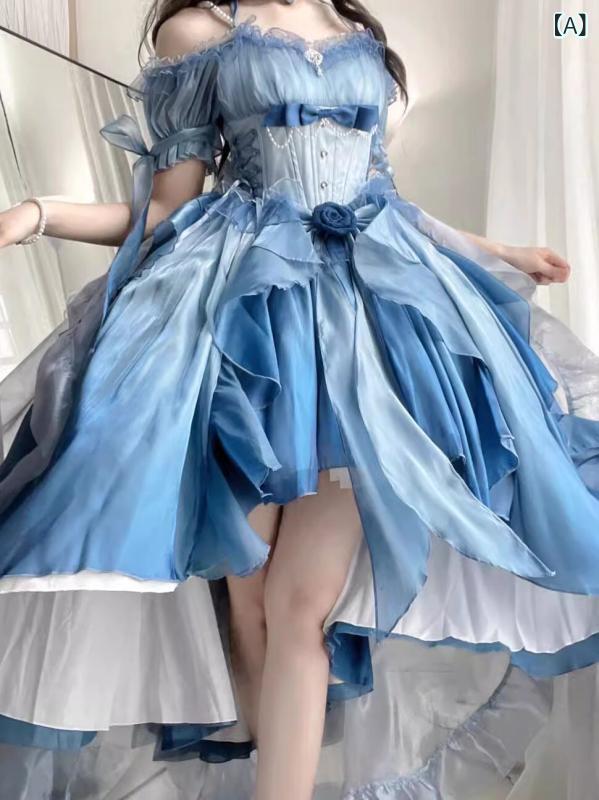 ロリータ メイド服 青い 花嫁の ロリータドレス ドレス 重い 尾 ふくらんだ プリンセス スカート ランナウェイ