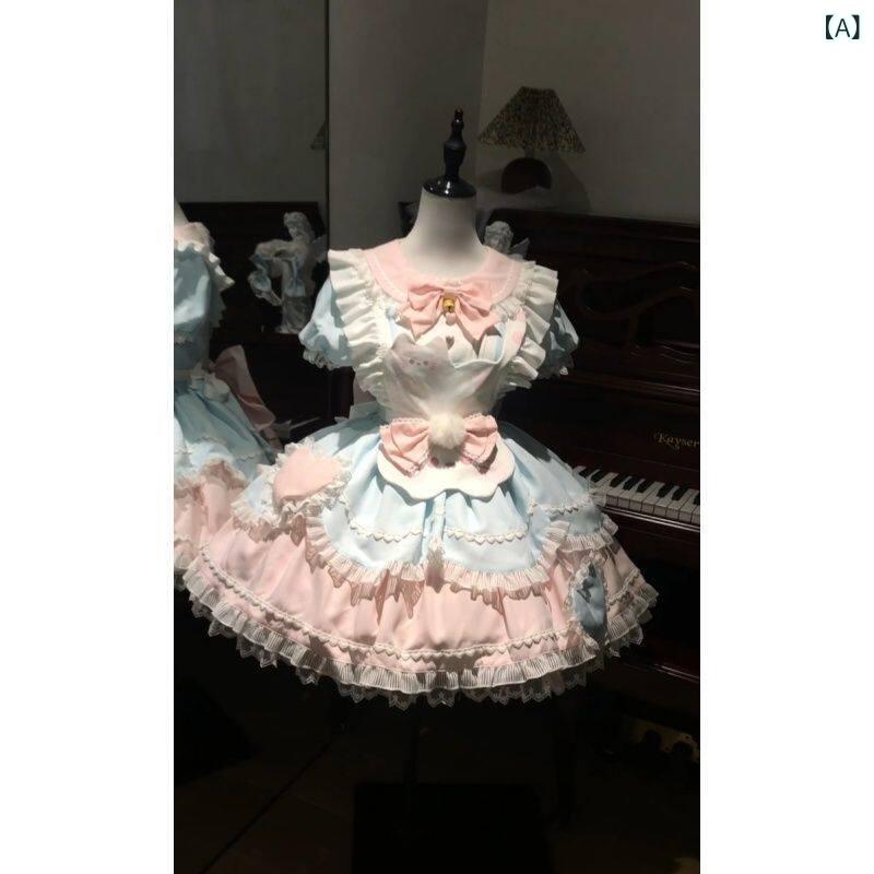 ロリータ メイド服 スイートロリータ スカート ロリータ ヘビー ステッチ レース パフィー ドレス リボン エプロン ツーピース セット