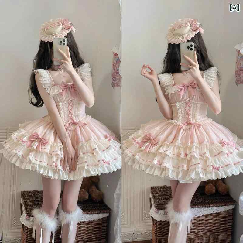 ロリータ メイド服 スポット 小さい 蝶 ロリータ デイリー スイートジェントル バレエ スタイル ティアードスカート ドレス バースデー