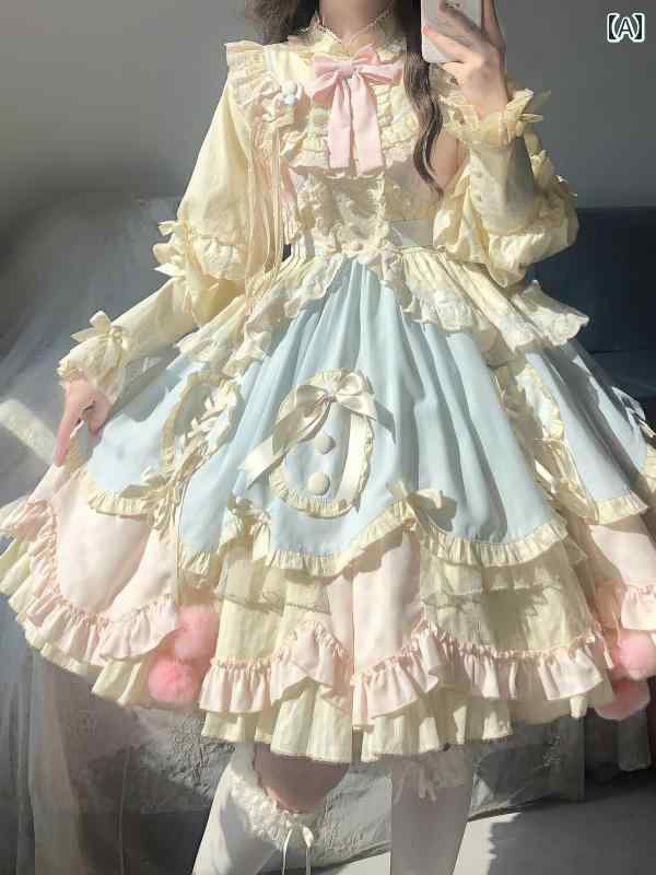 ロリータ メイド服 甘くて かわいい 青と ピンクの ロリータ OP ショート ドレス ふわふわ プリンセス スカート 学生 風 ヘビー