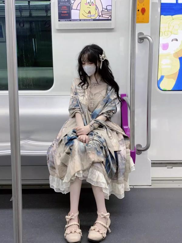 ロリータ メイド服 油絵 ロリータ スカート サスペンダー JSK ドレス ショール 宮殿 スタイル プリンセス