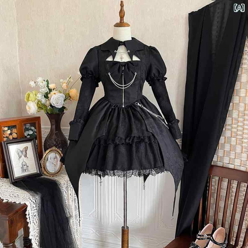 ロリータ メイド服 ロリータ ゴス ガール ダークナイト 法 ダーク スタイル ロリ ハイウエスト デイリー ドレス OP 長袖|LAONsChoice