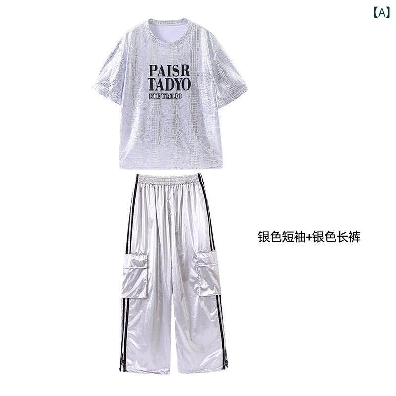 子供用 ヒップホップ 子供用 ストリート ダンス 服 ヒップ ホップ ファッション スーツ ボーイズ シルバー 半袖 パンツ 夏
