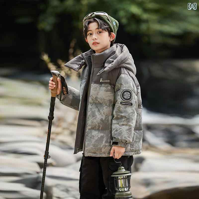 子供用 ダウンジャケット 子供用 ダウン ジャケット 2024冬 男児用 大 中型 カラーマッチング 冬 コート 厚手 迷彩 アウトドア 子供服