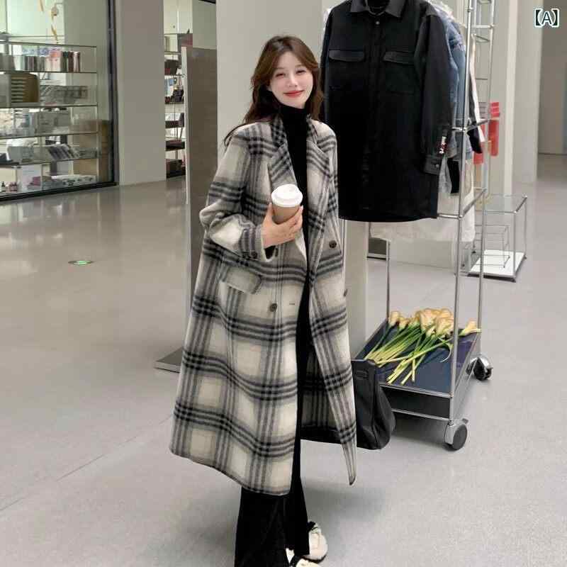 韓国表現スタイル 羊毛 厚地の外套 韓国 照合のしるし 柄 両面 カシミール厚地の外套 レディース 2024 秋冬 ハイエンドと 押し出しの 似つかわしい 真っただ中 丈 羊毛 厚地の外套