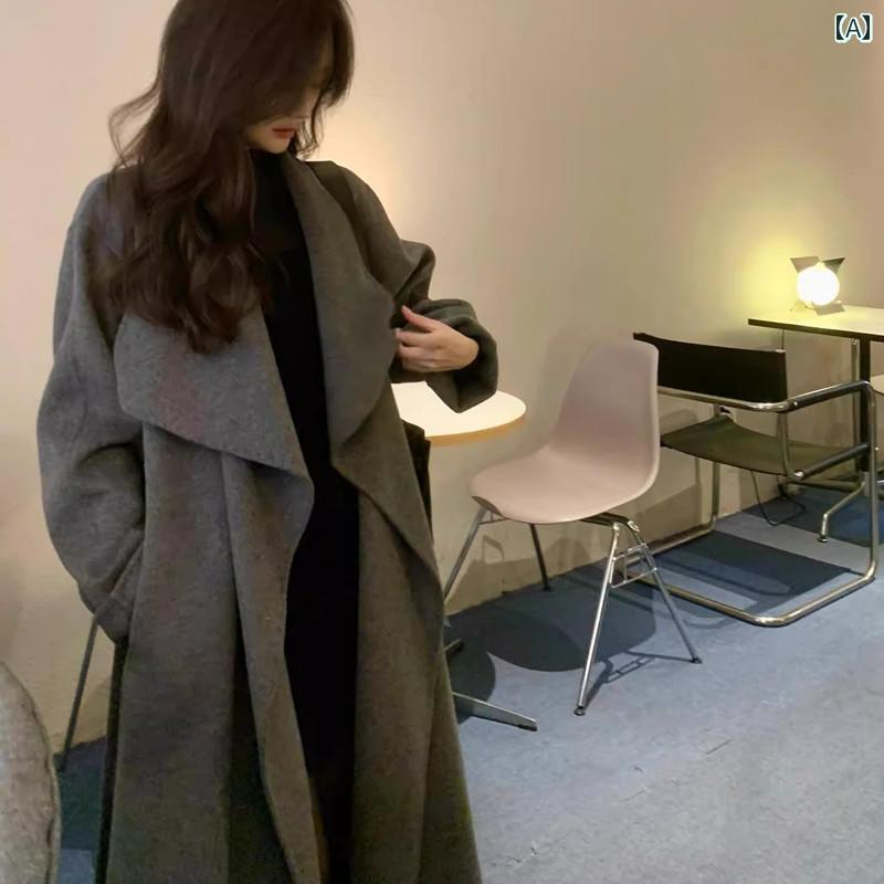 韓国表現スタイル 羊毛 厚地の外套 ハイエンド 薄墨色 両面 羊毛 カシミール厚地の外套 レディース 2024 秋冬 真っただ中 丈 厚地の外套