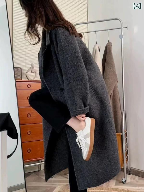 韓国スタイル ウール コート 秋冬 レディース ダブルフェイス カシミヤコート ミドル 丈 ロングヘアー オックス ホーンボタン オーバーニー ウール ハイエンド コート