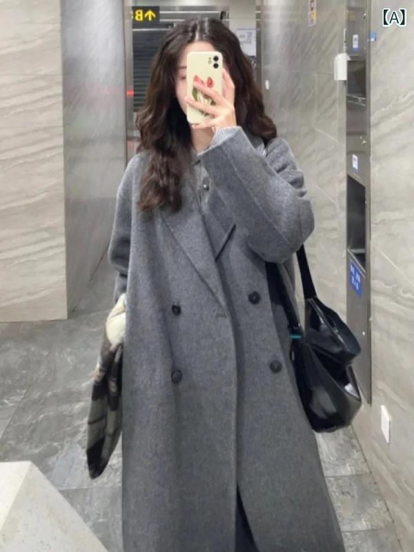 韓国スタイル ウール コート 高級 グレーの ダブルフェイス コート レディース ミドル 丈 2024秋冬 韓国 ウール