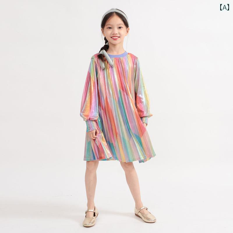 レインボーメッシュ ドレス muakids 子供服 女の子 レトロ パレス 長袖 レインボー ドレス 2025 春 子供用 スカート プリンセス|LAONsChoice