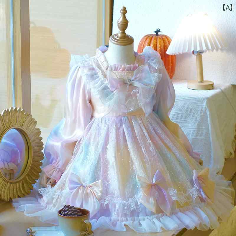 レインボーメッシュ ドレス 女の子 春の ロリータ プリンセス ドレス スタイリッシュな 子供用 ふわふわ レインボー メッシュ
