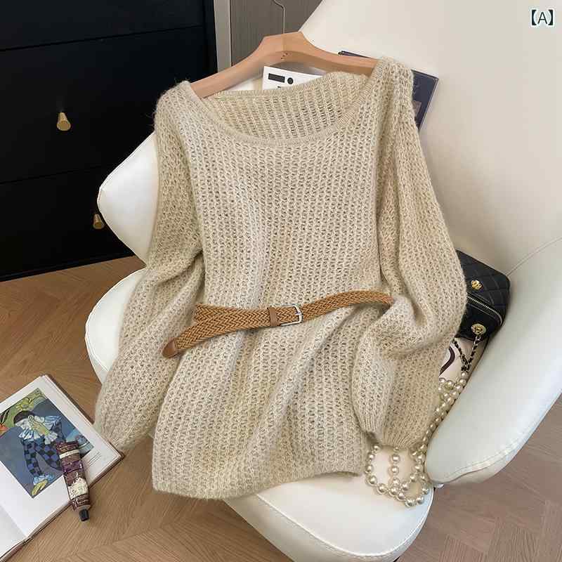 ニットブラウス レディース ベルト 付きの 風の ゆったり ニット セーター ウエストに フィット する オフショルダー ハイエンドの スリミング トップス