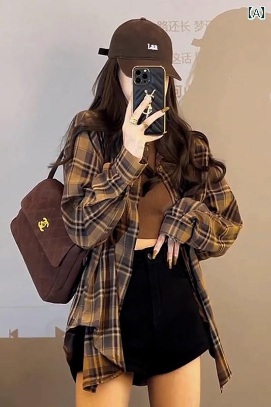 レトロ チェック シャツ レディース アメリカ レトロ コーヒー 色の チェック 柄 シャツ 2024年 初秋 婦人服 高級 塩 春