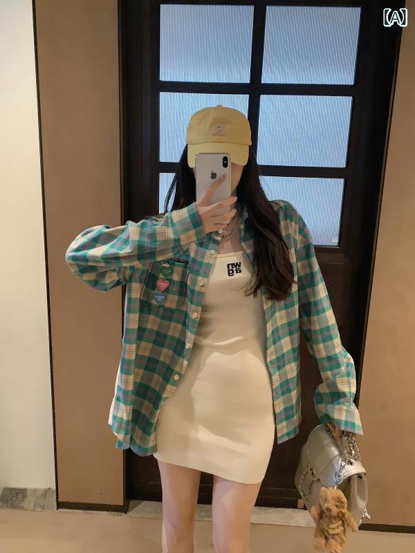 レトロ チェック シャツ レディース Zhuang Dani コントラスト チェック 柄 スプライシング シャツ アウターウェア 女性 2024 春秋 長袖 ジャケット