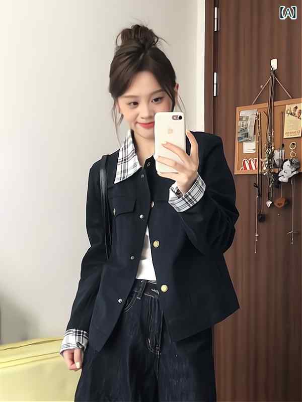 レディース ショート ジャケット ユニークで 美しい 初秋 女性用 ジャケット 2025 春秋 小さい カジュアル チェック 柄 スプライシング