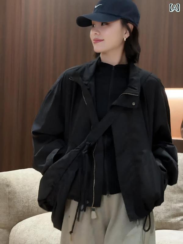 レディース ショート ジャケット 韓国 スタンドカラーの ゆったり ショート ジャケット レディース 2025秋冬 小さめ サイズ 万能 スリミング の トップス
