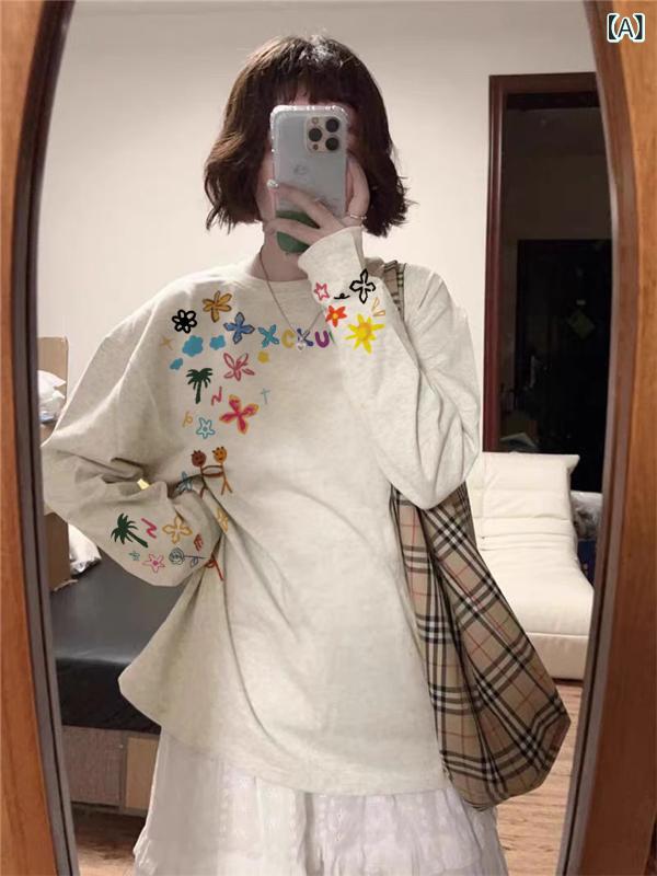 春夏秋 綿 長袖Tシャツ レディース 秋冬 長袖 Tシャツ レディース 2025 アメリカングラフィティ トップ ゆったり コットン レイヤリング シャツ