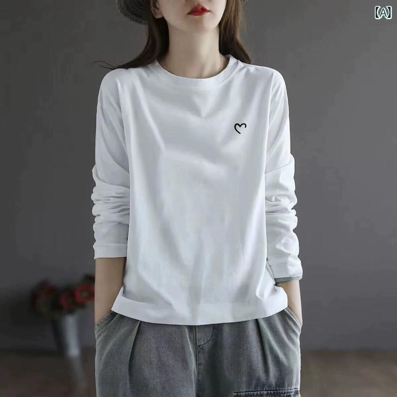 春夏秋 綿 長袖Tシャツ レディース の 商品 ストレート ショルダー ラウンドネック ホワイト 2025 新型 Tシャツ 春秋 コットン レイヤリング シャツ レディース 長袖 トップス