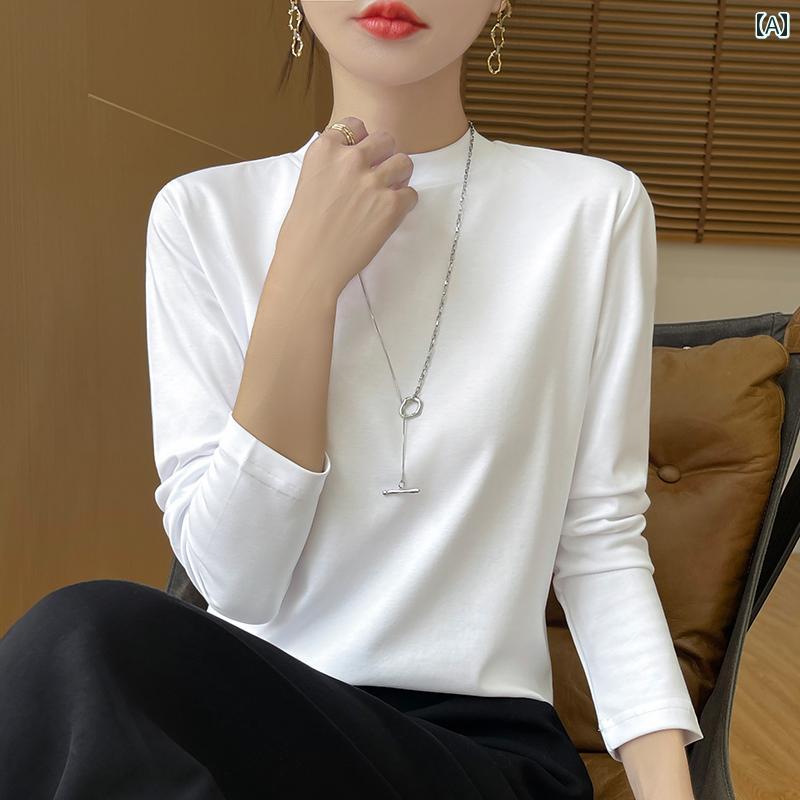 春夏秋 綿 長袖Tシャツ レディース 2025 春秋 コットン 長袖 Tシャツ レディース ゆったり カジュアル ハーフ ハイ ラウンドネック ショルダー トップス シャツ
