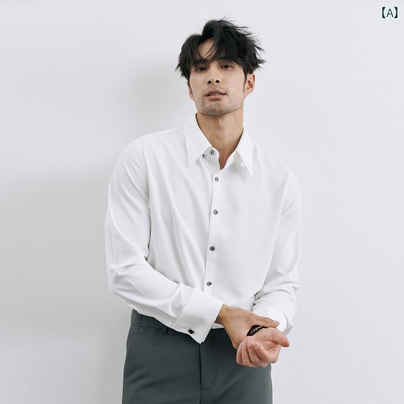 メンズ 長袖シャツ カジュアル ビジネス 夏の 紳士の ディナー パーティー カフスボタン 付き フレンチ シャツ ハイエンド ウェディング カジュアル 白 アイロン 不要
