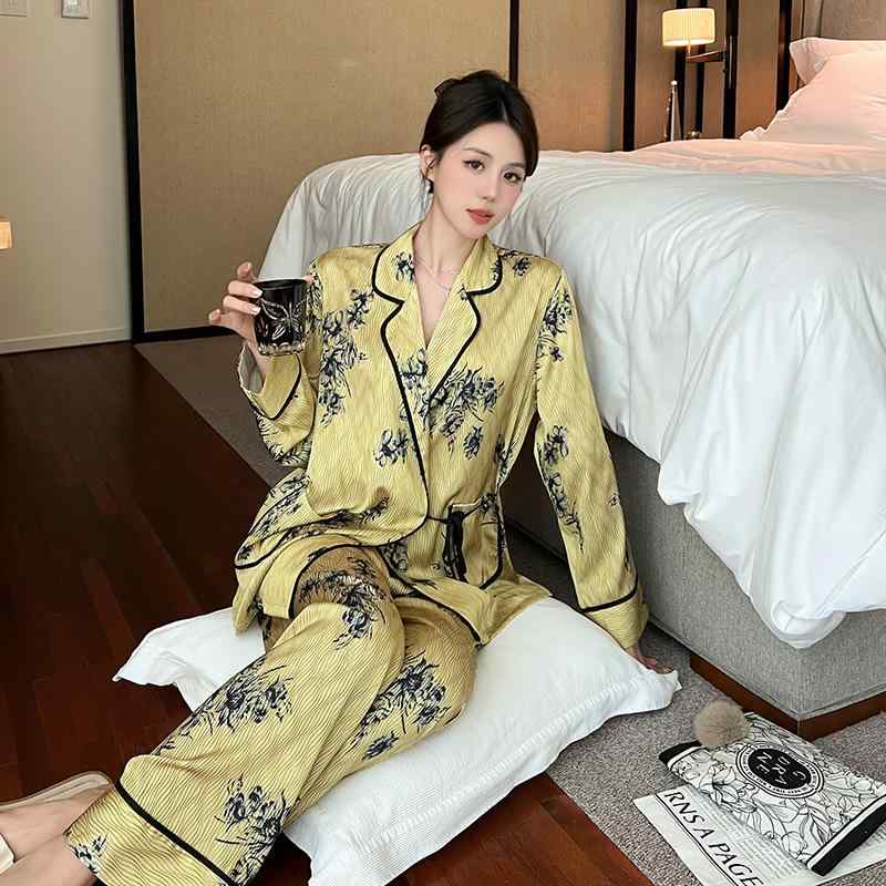パジャマ レディース 春秋 高級感 紐付き ローブ 再生繊維 ルームウェア セット 部屋着 ソフト素材 リラックス ホームファッション