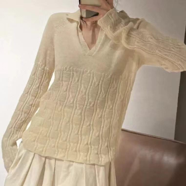 ニットトップス レディース 春夏 Vネック ツイスト 長袖 シンプル ユニカラー フェミニン コットン混 軽量 伸縮性 通勤用 普段使い ビッグシルエット