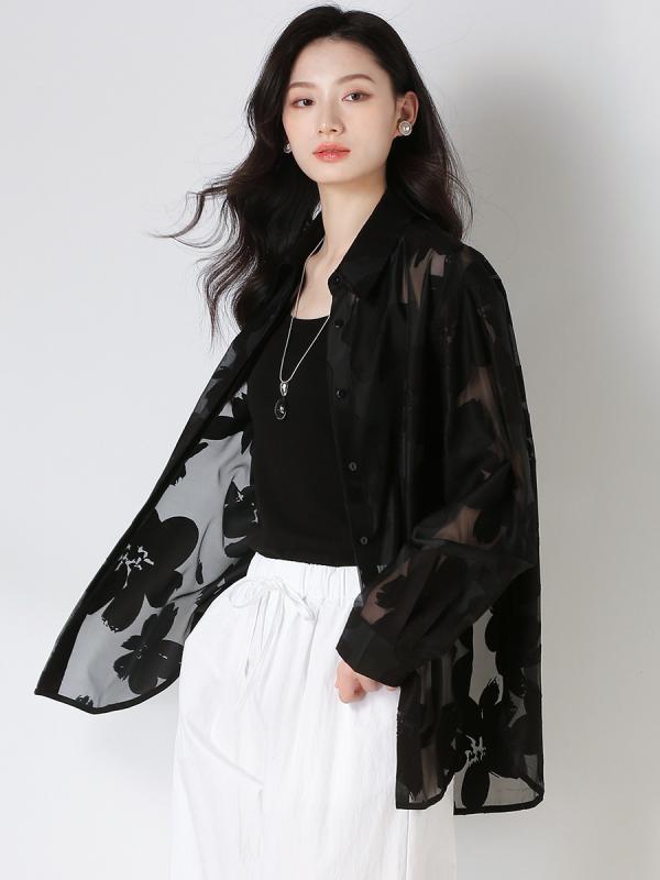 プルオーバー 春夏 UVとり捨てる ゆったり レトロ 大花柄 カクテルドレスルー 雅びやか 黒いこと トップス 軽さ 吸湿速乾
