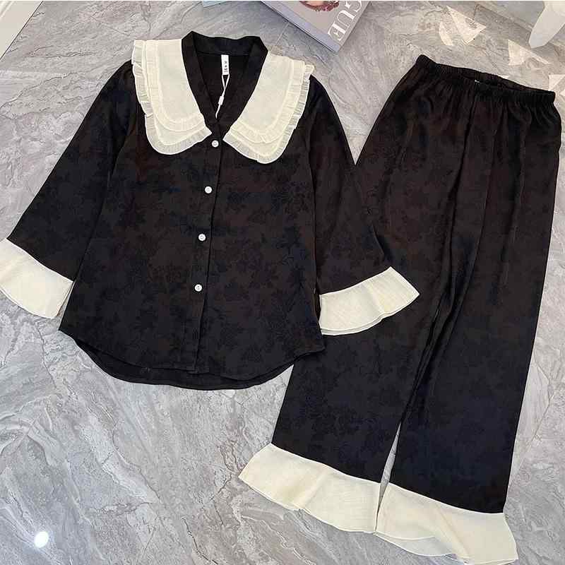 秋冬 女性用 長袖 サテン パジャマ セット 中国風 海島綿 ルームウェア 刺繍柄 部屋着 吸湿速乾 軽量 伸縮性 普段使い
