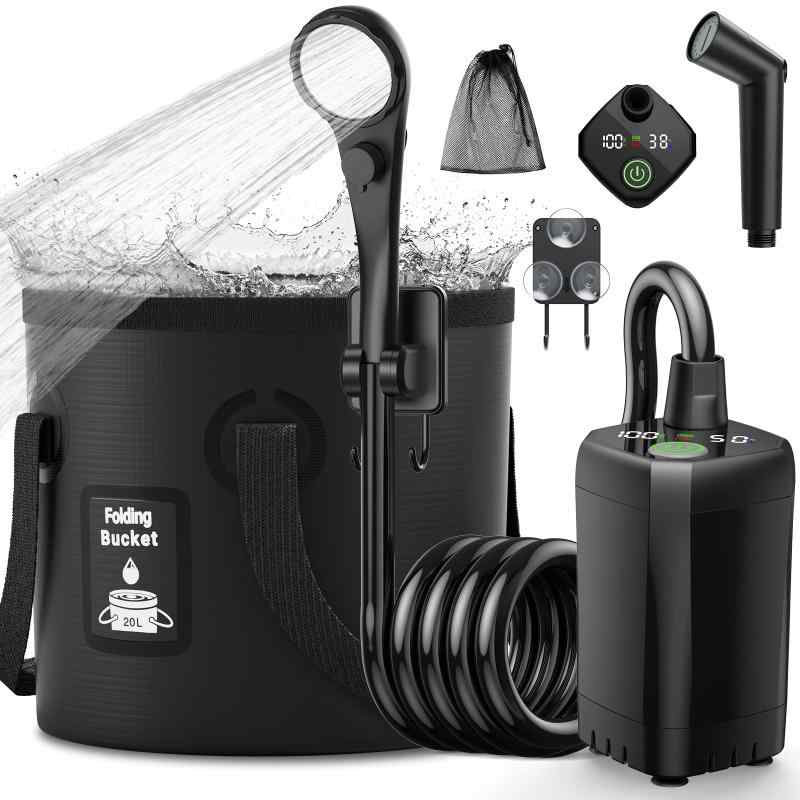 Mytrix ポータブルシャワー キャンプ用 6000mAh充電式 電動シャワー 交換用直射ヘッド/20L折りたたみ式バケツ付 キャンプシャワー デジタル画面 5つ出水モード アウトドア 簡易シャワー 海水浴