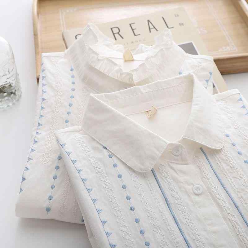 ブラウス レディース 長袖 白 刺繍 綿100% フリル レース スタンドカラー インナー 春秋 シンプル かわいい トップス