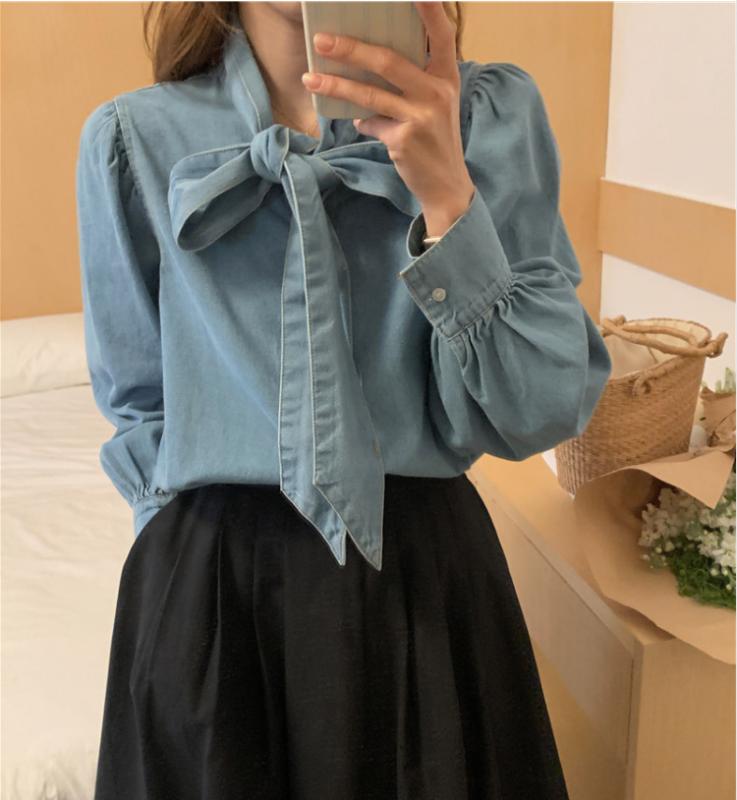シャツ レディース 秋 長袖 デニム ゆったり パフスリーブ 蝶結び 紐付き 韓国 フレンチスタイル カジュアル ガーリー トップス 日常使い 軽量 伸縮性
