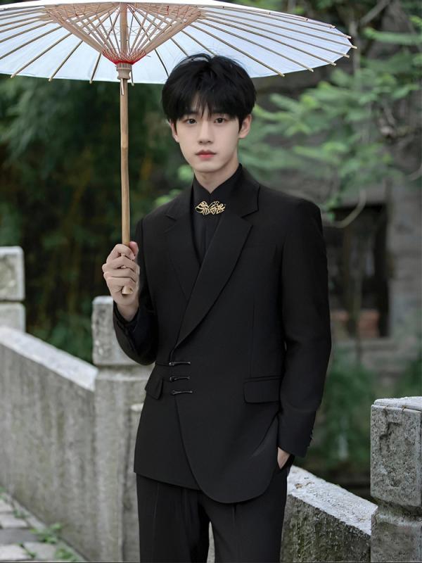 スーツ メンズ 中華風セット 盤ボタン 結婚式 新郎 礼服 高級感 春秋 フォーマル タキシード風 伝統柄 スタイリッシュ セットアップ ブラック ネイビー 通年対応